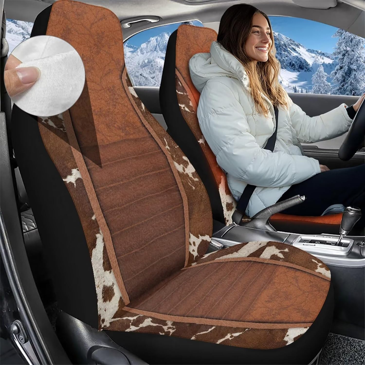 Bulopur Cow Print Auto Seat Covers Set of 2 Western Aztec Car Front Seat Covers Protectors Universal Thick Warm Auto Seats Cushion Cover & Accessories for Cars Truck SUV