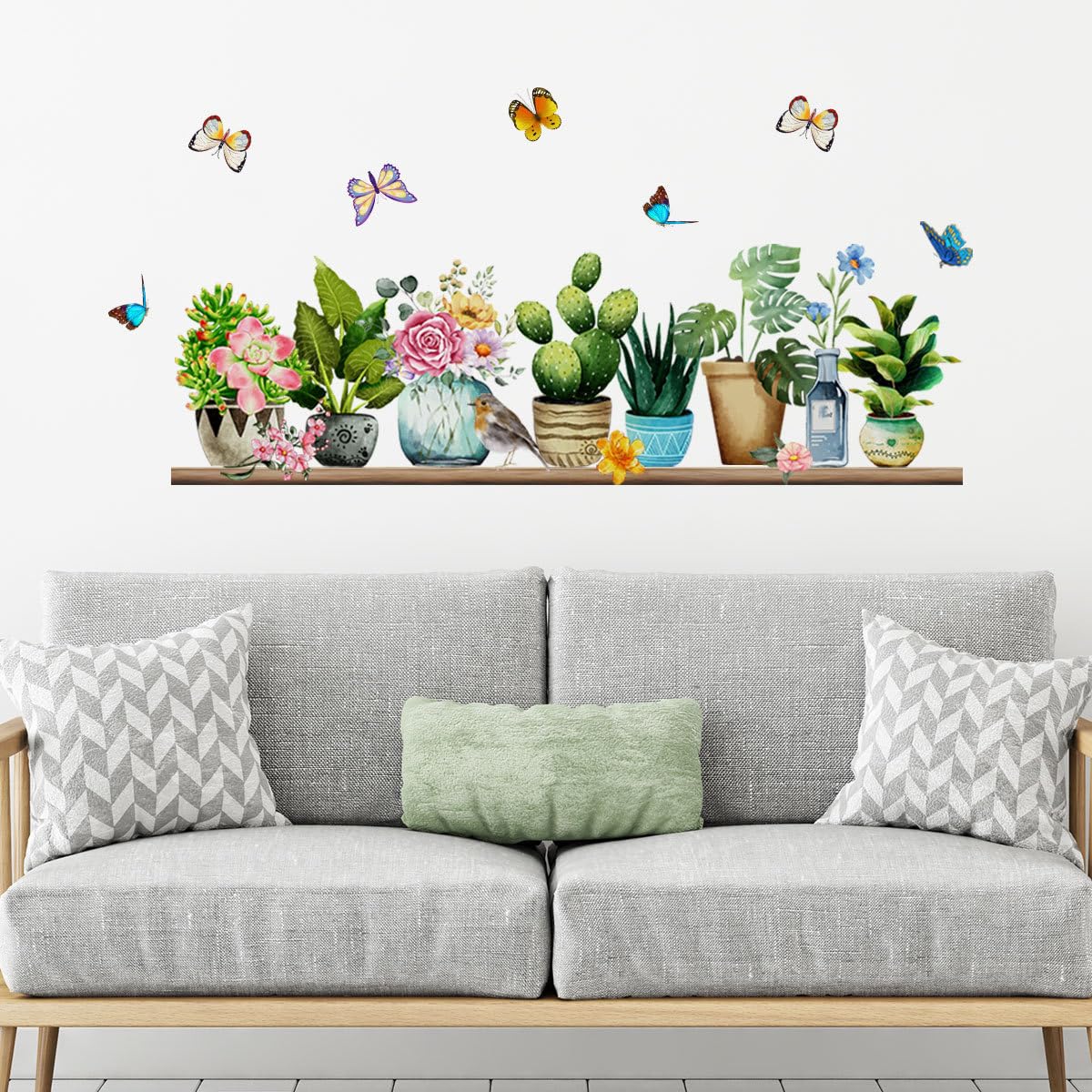 Sticker mural botanique autocollant vinyle plantes papillons 96x34
