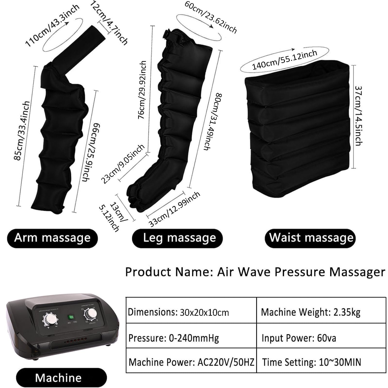 Masajeador de piernas con compresión de Aire, Presoterapia para Casa Botas Compresión Presoterapia, Refuerzo de circulación para pies, Piernas, Cintura (Negro, L (2 legs+2 arm+1 waist))