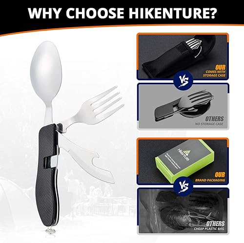 Miniatura 8 de Utensilios para campamento, 4 en 1, tenedor, cuchillo, cuchara, abridor de botella con funda para guardarlos, de acero inoxidable, de Hikenture (TM)