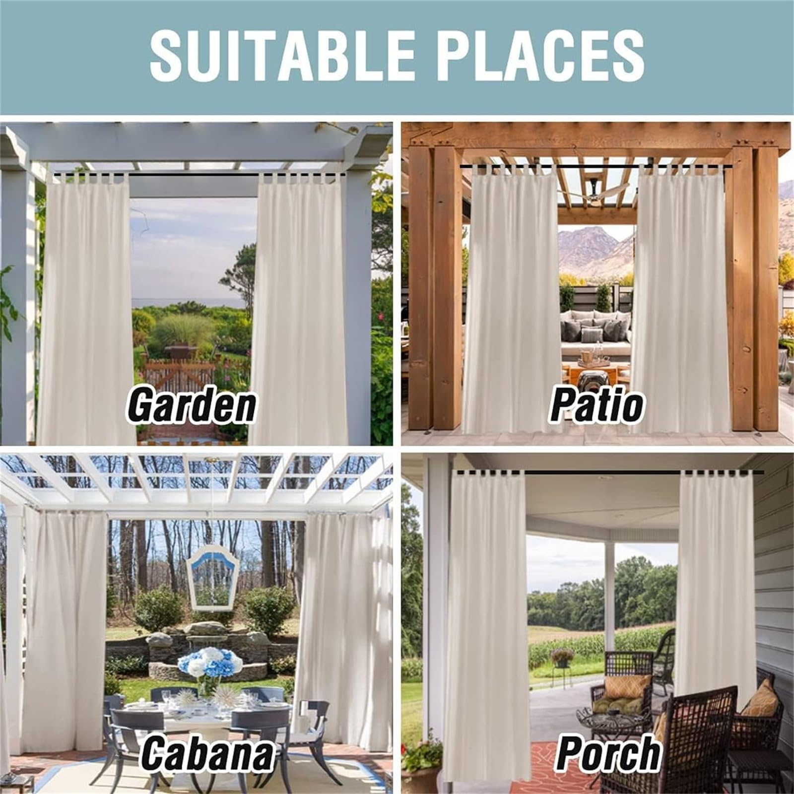 Outdoor Gardinen Wetterfest Halbtransparent Outdoor Vorhang Wasserdicht 2 Stücke Terrasse Vorhänge mit Klettverschluss Leinenoptik Outdoorvorhänge für Pavillon, 243x132 cm, Natürlich