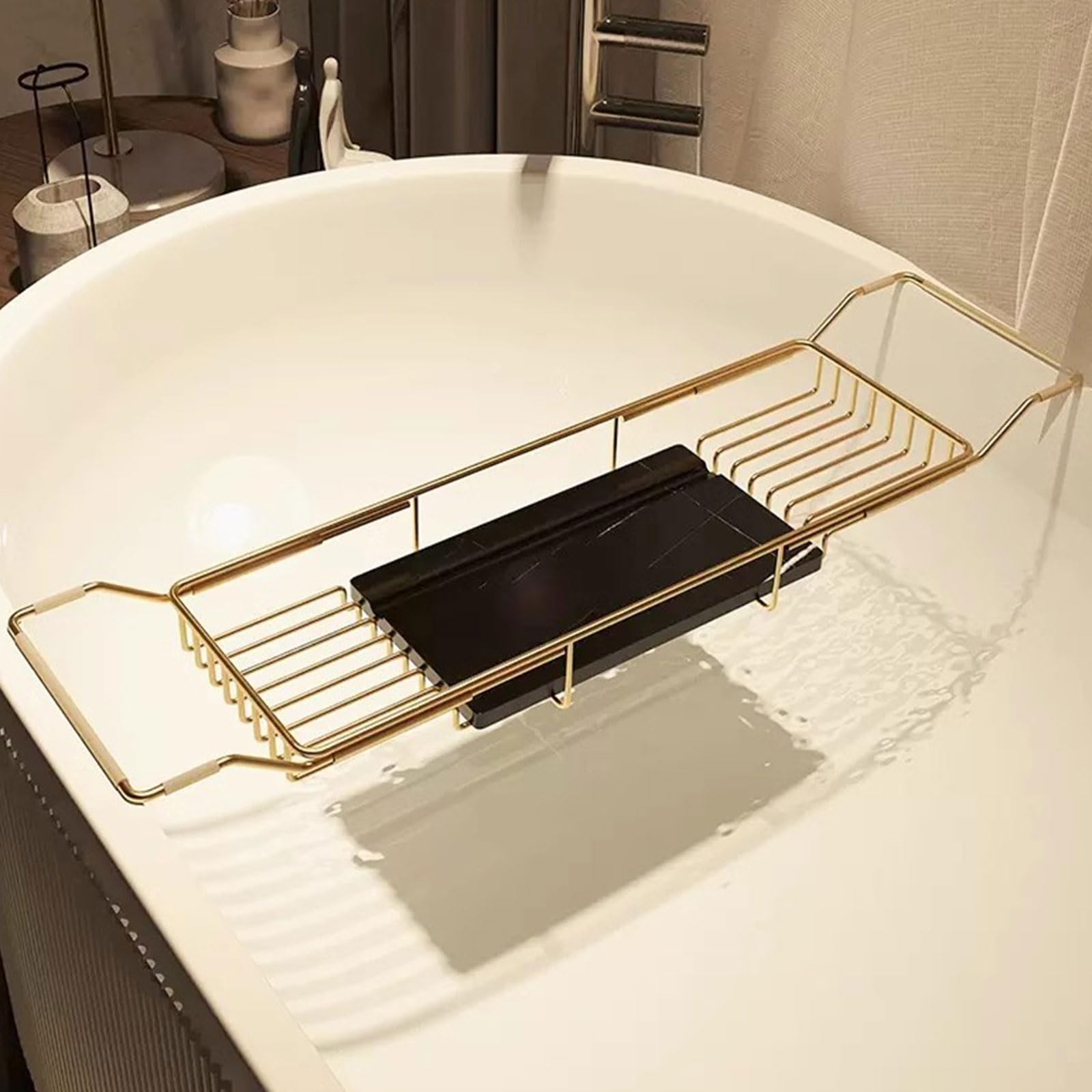 HOMEry - Bandeja para bañera extensible de acero inoxidable con tabla de cortar de mármol, perfecta para relajar baños, experiencia de spa y comida y bebida