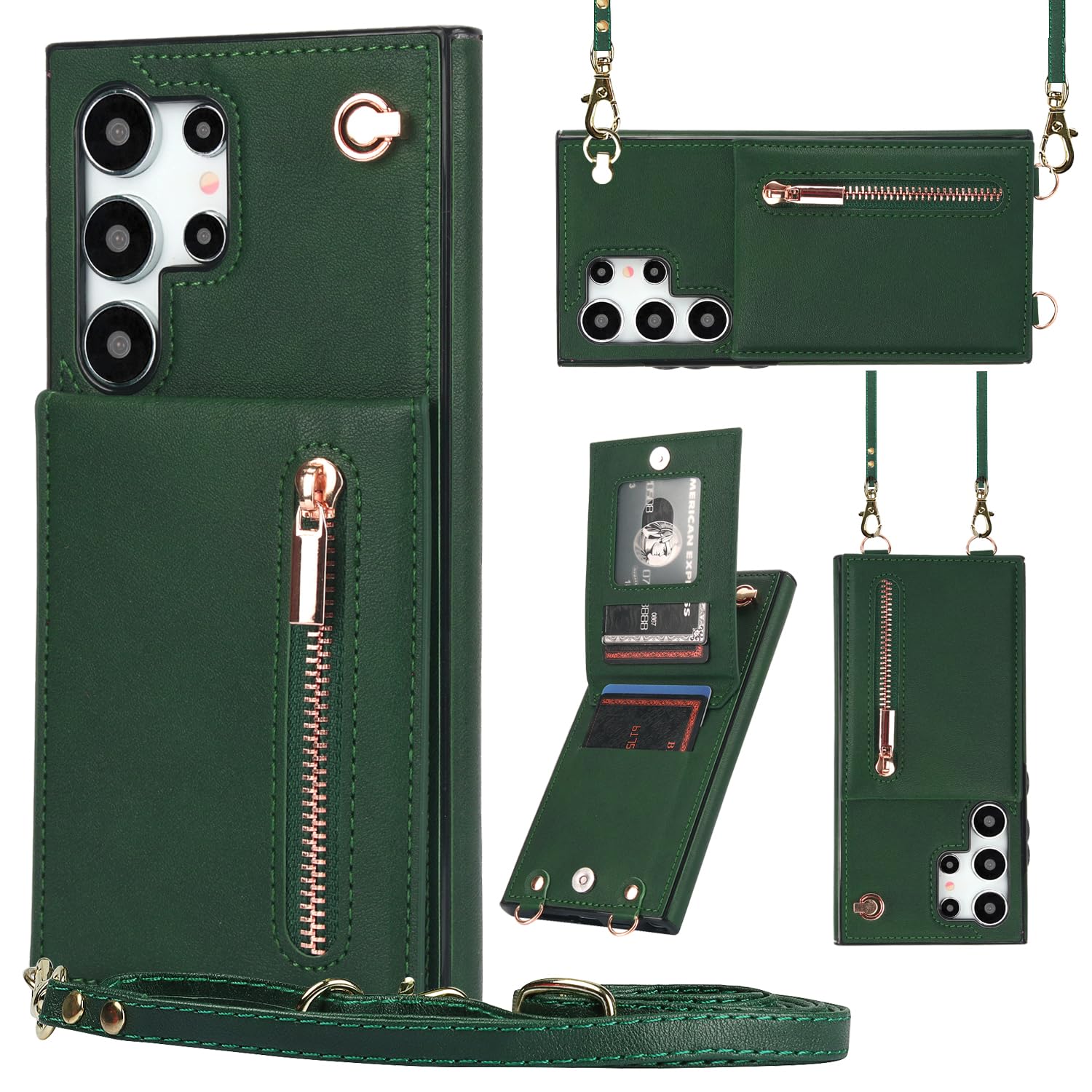 Furill Phone Case for Samsung Galaxy S24 Ultra 5G Wallet Cover with Crossbody Strap Leather Card Holder Flip Cases Credit Slots Magnetic Clasp Stand Cell S24Ultra 24S S 24 24Ultra Girls Women Green