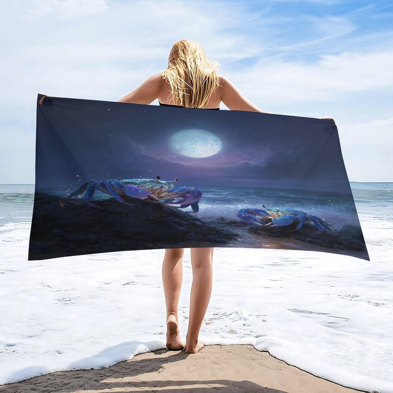 Luyysky Vintage Funny Animal Crab Absorbent Beach Towel, Rustic Modern Full Moon Starry Sky Seaside Beach Ocean Life Crab Outdoor Single-Sided Velvet Beach Towel-80 W Cm X 160" L Cm