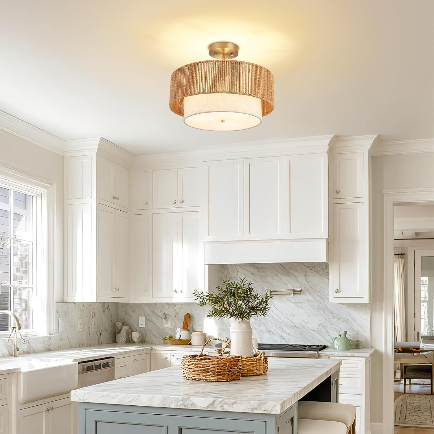 16" Drum Flush Mount Ceiling Light Hallway Light Fixtures with Rattan Shade,3-Light Semi Flush Light Fixture Ceiling Mount for Kitchen, Bedroom, Bathroom, Living Room