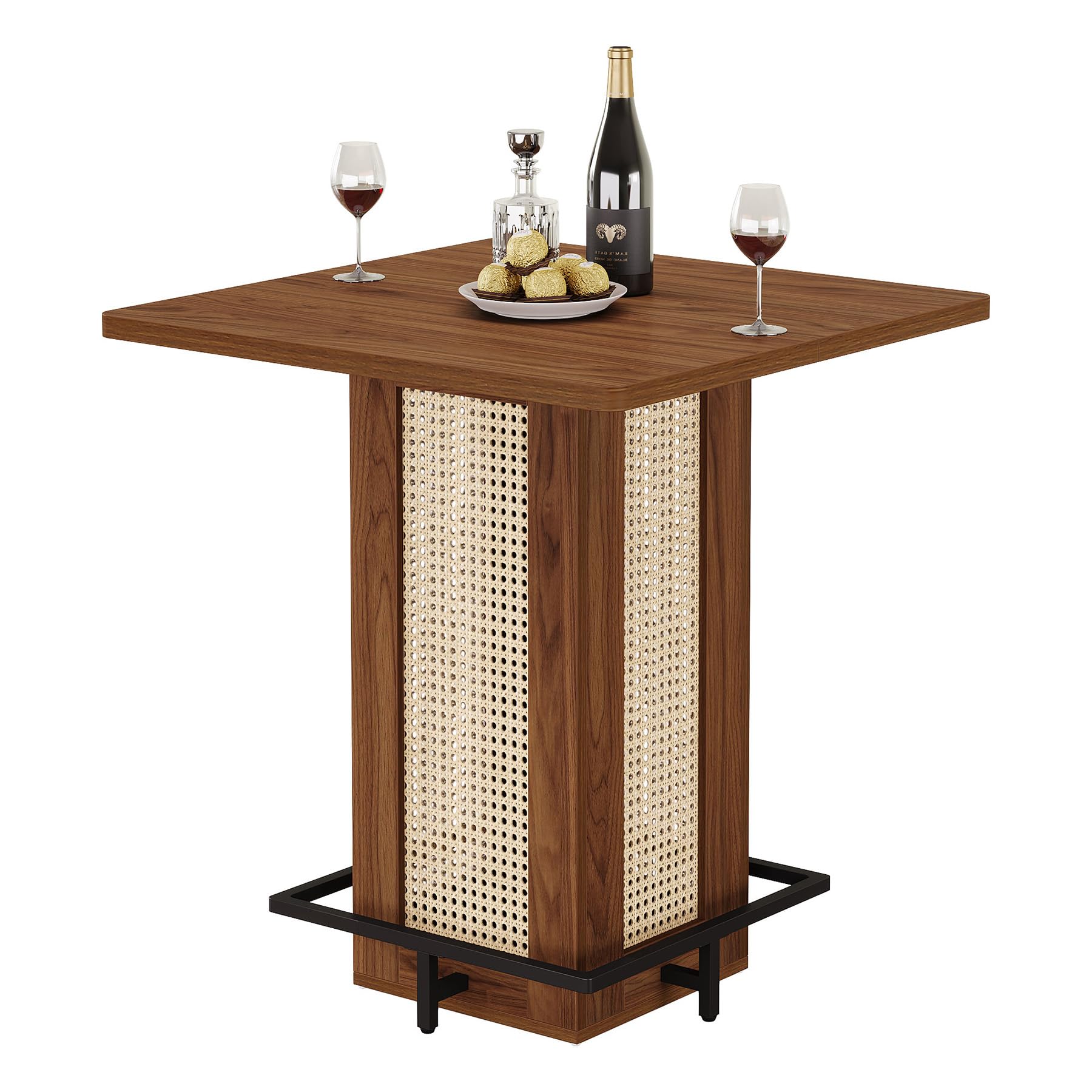 Tribesigns Table de Bar Carrée 80×80cm, Mange-Debout Bohème Cannage Rotin, Plateau Bois Marron Pied Métal Noir, Table Haute avec Repose-Pieds pour Cuisine Salon Café Balcon