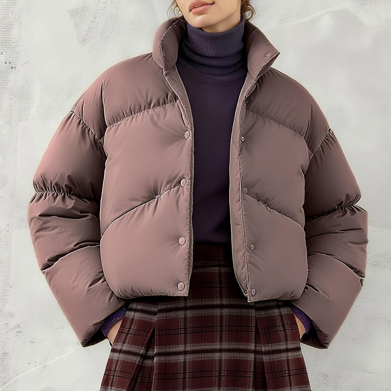 Women's Short Down Jacket Cropped Winter Coat Button Lightweight Puffer Jacket Without Hood for Winter Warm Cozy - Image 6