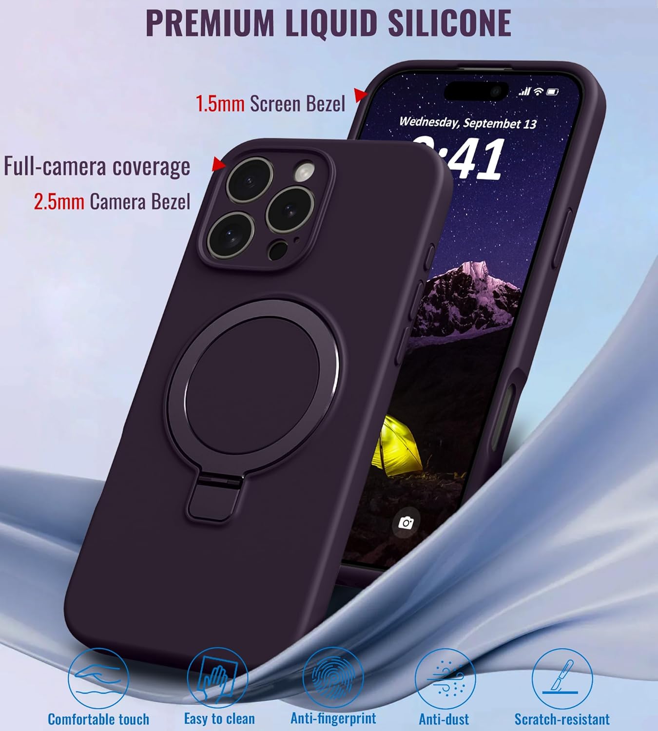 for iPhone 16 Pro Case Stand, Slim Comfortable Liquid Silicone Phone Cases Compatible with MagSafe Magnetic Ring Kickstand Stand Full Camera Protection for iPhone 16 Pro 6.3", Purple