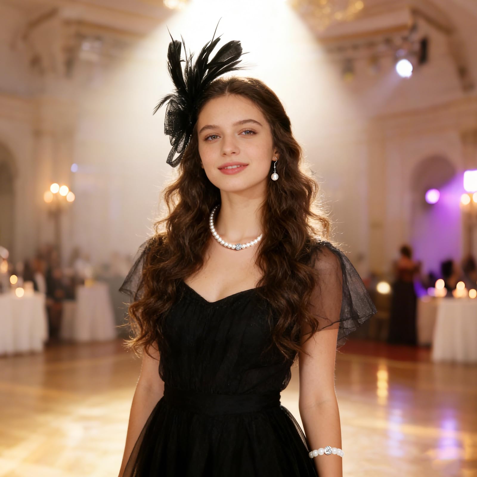 MWOOT Fascinator Opaska, 1920 Kapelusz z Piórami i Kwiatem w Siateczki dla Kobiet, Naszyjnik Bransoletka Kolczyki z Imitacją Perł, Czarny Akcesoria do Włosów na Wesele Koktajl Herbatka
