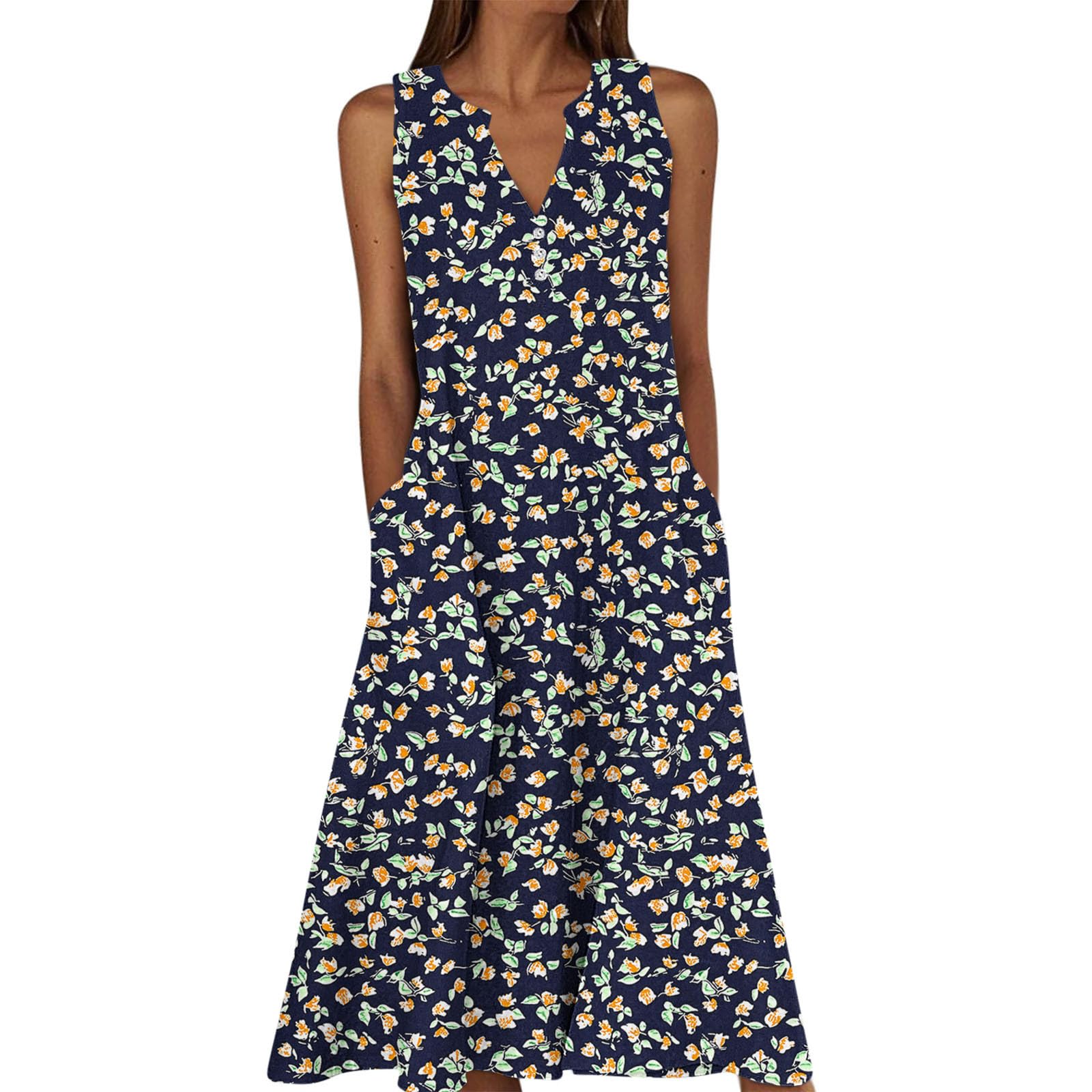 Summer Floral Print Midi Dresses for Women Boho Sleeveless V Neck Tank Dress Beach Vacation Sundress with Pockets — view 12