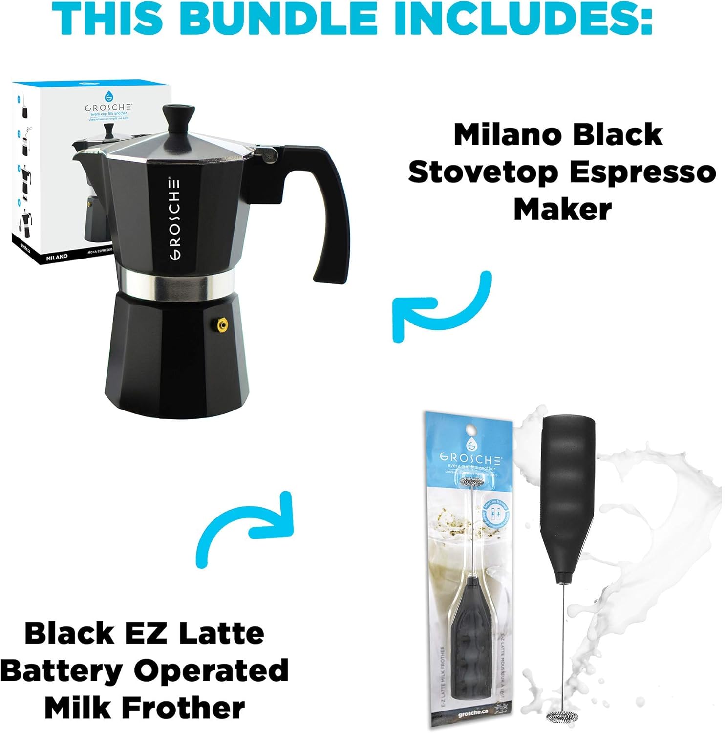 GROSCHE Milano Stove top espresso maker (9 espresso cup size 15.2 oz) Black, and battery operated milk frother bundle for lattes