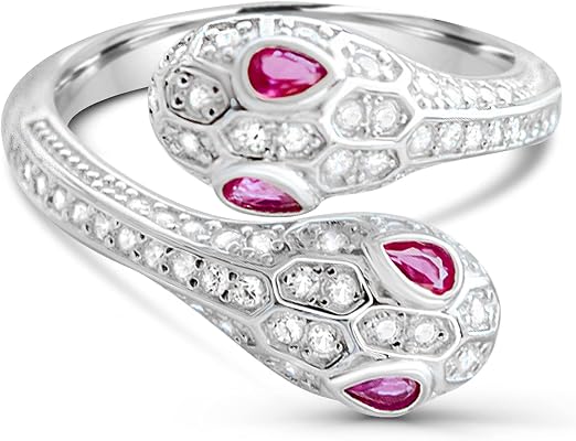 Tiramisu Anello Serpente In Argento 925 Con Zirconi - Placcato Rodio, Regolabile (Rosso Rubino)