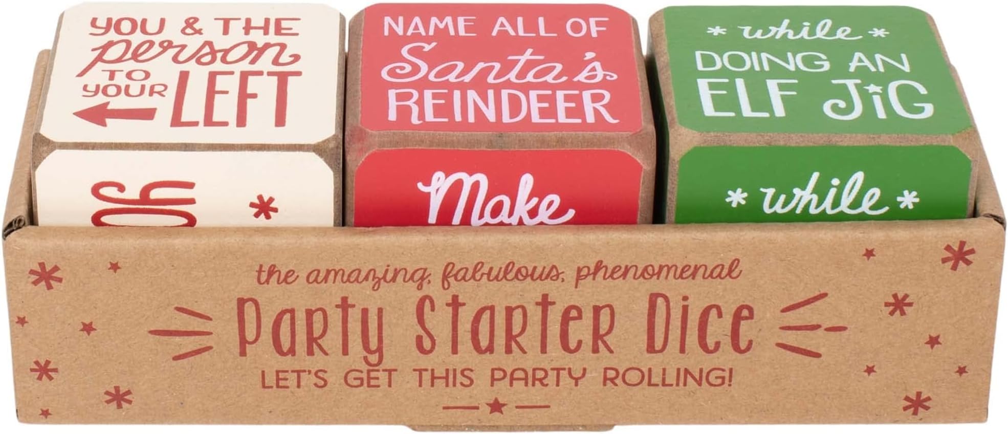 DEMDACO Party Starter Dice Christmas Activity Game, Colorful, 2 x 2 in | MDF Wood, Three Dice Show Who What and How, Icebreaker Party Game, Holiday Games and Activities Collection