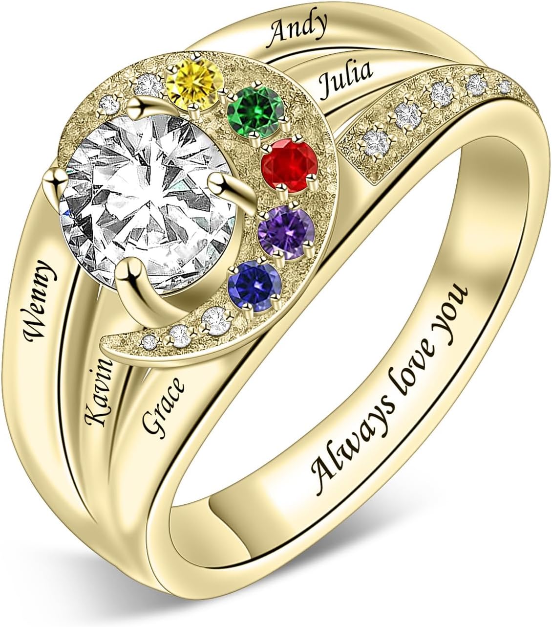MissNaNa Personalized Mothers Rings with Simulated Birthstones 925 Sterling Silver Mother's Day Rings Engraved Family Names Custom Family Rings for Women Mother Wife