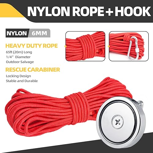 Miniatura 3 de Kit de imanes de pesca de 2.36 pulgadas (2.362 in), imanes grandes y fuertes de peces de tierras raras de 500 libras, resistentes con cuerda de 65