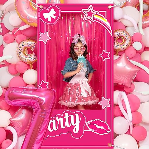 Miniatura 3 de Decoraciones de cumpleaños rosas para niñas, accesorios de cabina de fotos rosa intenso, decoración temática de muñeca de princesa, cabina de fotos