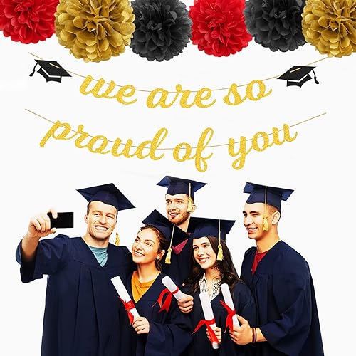 Miniatura 6 de Cartel de graduación para decoración de fiesta rojo y negro y dorado, 8 piezas, kits de serpentinas de guirnalda de gorra, pompones de papel de