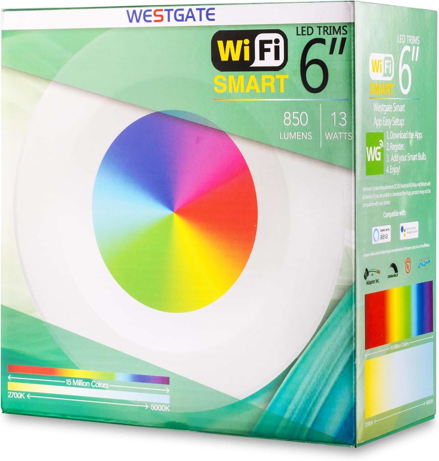 Westgate TC-RDPS6-13W-RGBW-WIFI 6 Inch Round LED Trim Downlight, 13W, White Finish - Compatible with Alexa, Works with Google, Ceiling Light, Multi CCT from 2700K to 5000K