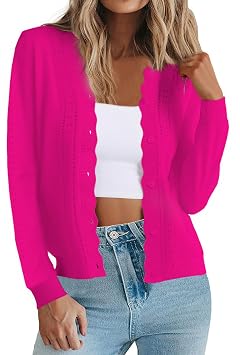 PrinStory Womens Cardigan Sweaters V Neck Button Down Scalloped Hollow Out Knit 2025 Fall Fashion Lightweight Short Top