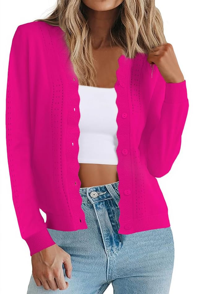 PrinStory Womens Cardigan Sweaters V Neck Button Down Scalloped Hollow Out Knit 2025 Fall Fashion Lightweight Short Top