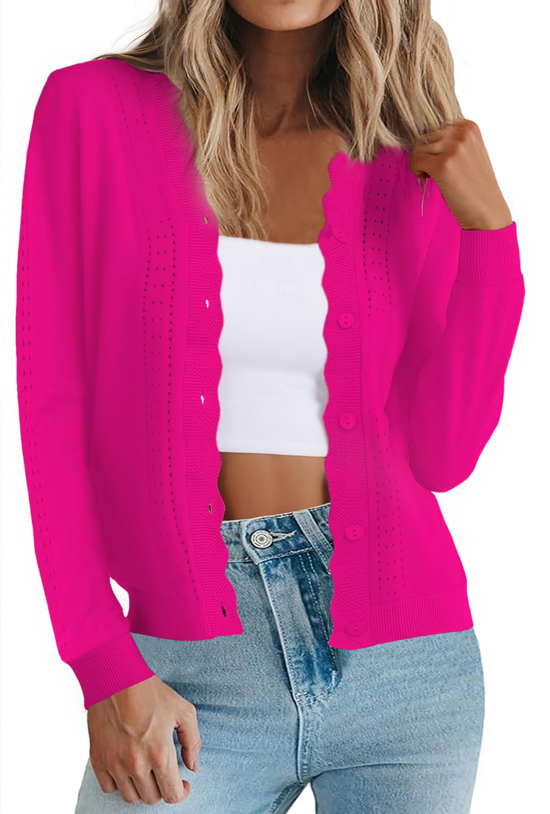 PrinStory Womens Cardigan Sweaters V Neck Button Down Scalloped Hollow Out Knit 2025 Fall Fashion Lightweight Short Top
