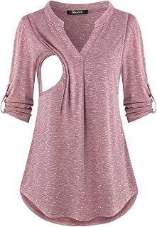 Quinee Nursing Tops for Breastfeeding Maternity 3/4 Rolled Sleeve Breastfeeding Shirts for Women, Rose Red, Large Price In India