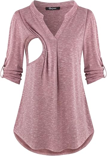Quinee Nursing Tops for Breastfeeding Maternity 3/4 Rolled Sleeve Breastfeeding Shirts for Women, Rose Red, Large