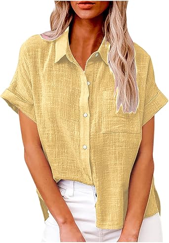 Ceboyel Women 2024 Causal Summer Blouses Button Down Short Sleeve Shirts Gauze Cotton Linen Tops Vacation Trendy Outfits