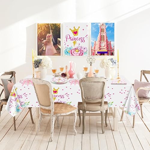 Miniatura 7 de Decoraciones de fiesta de princesa 81 piezas de decoración de castillo, incluyendo platos de papel rosa, servilletas y mantel para decoraciones de