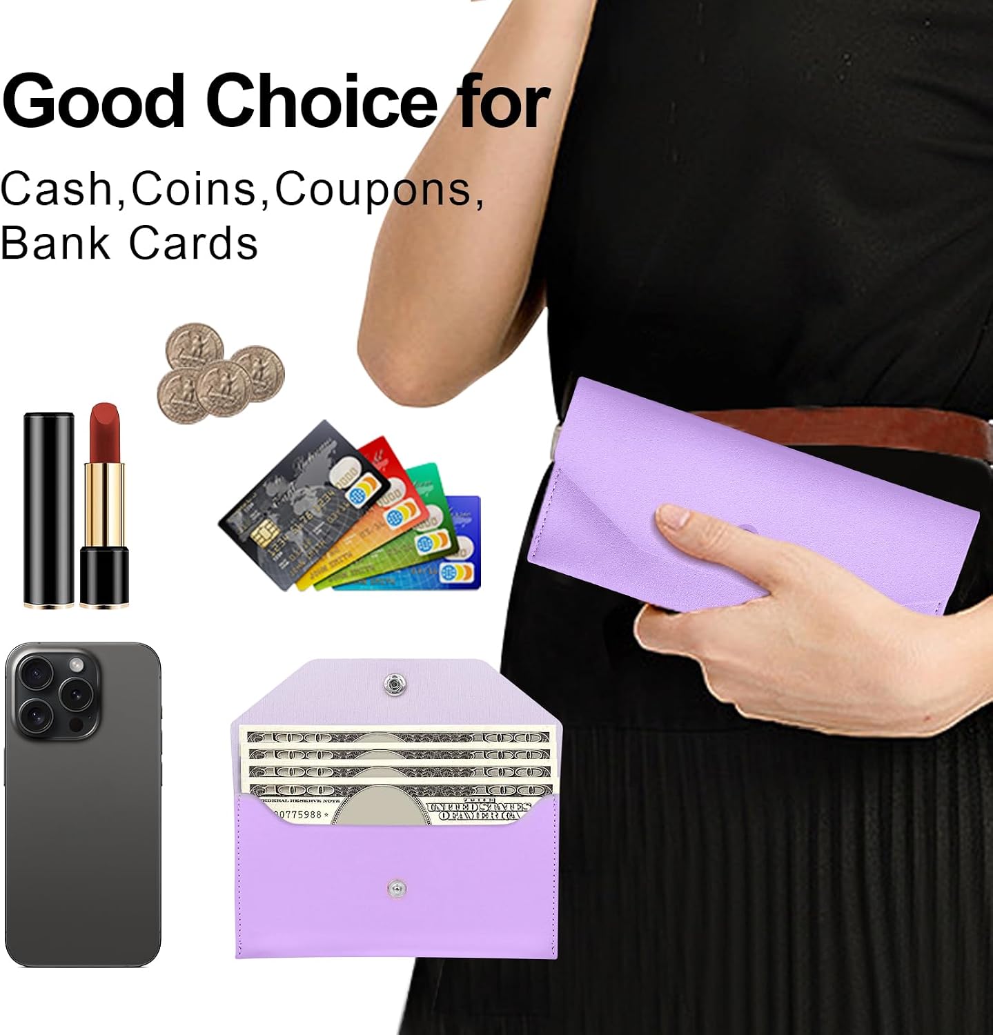 Pu Leather Cash Envelope Wallet - Reusable Cash Stuffing Wallet for Men and Women -Purple image 4