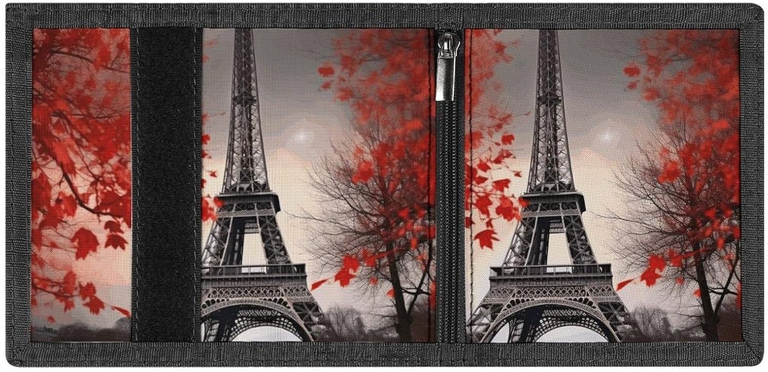 Trifold Canvas Wallet with Keychain, Modern Fashion Credit Card Holder Wallet for Men Women, Eiffel Tower Autumn Leaves Slim Wallets W/Zipper Coin Pocket, Novelty Birthday Gift