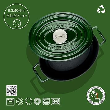 Lava Cast Oval Cookware Cast Iron Solid Handle Premium Series Size 21x27cm. Green