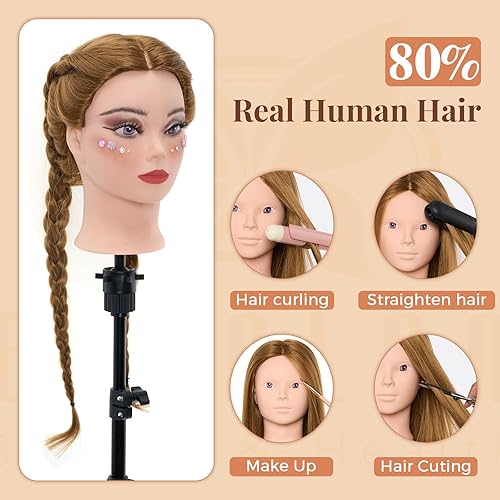 Miniatura 2 de Cabeza de maniquí 80% cabello humano con soporte para trípode, 28 pulgadas, maquillaje cosmetología, práctica de maniquí, cabeza de peluquería