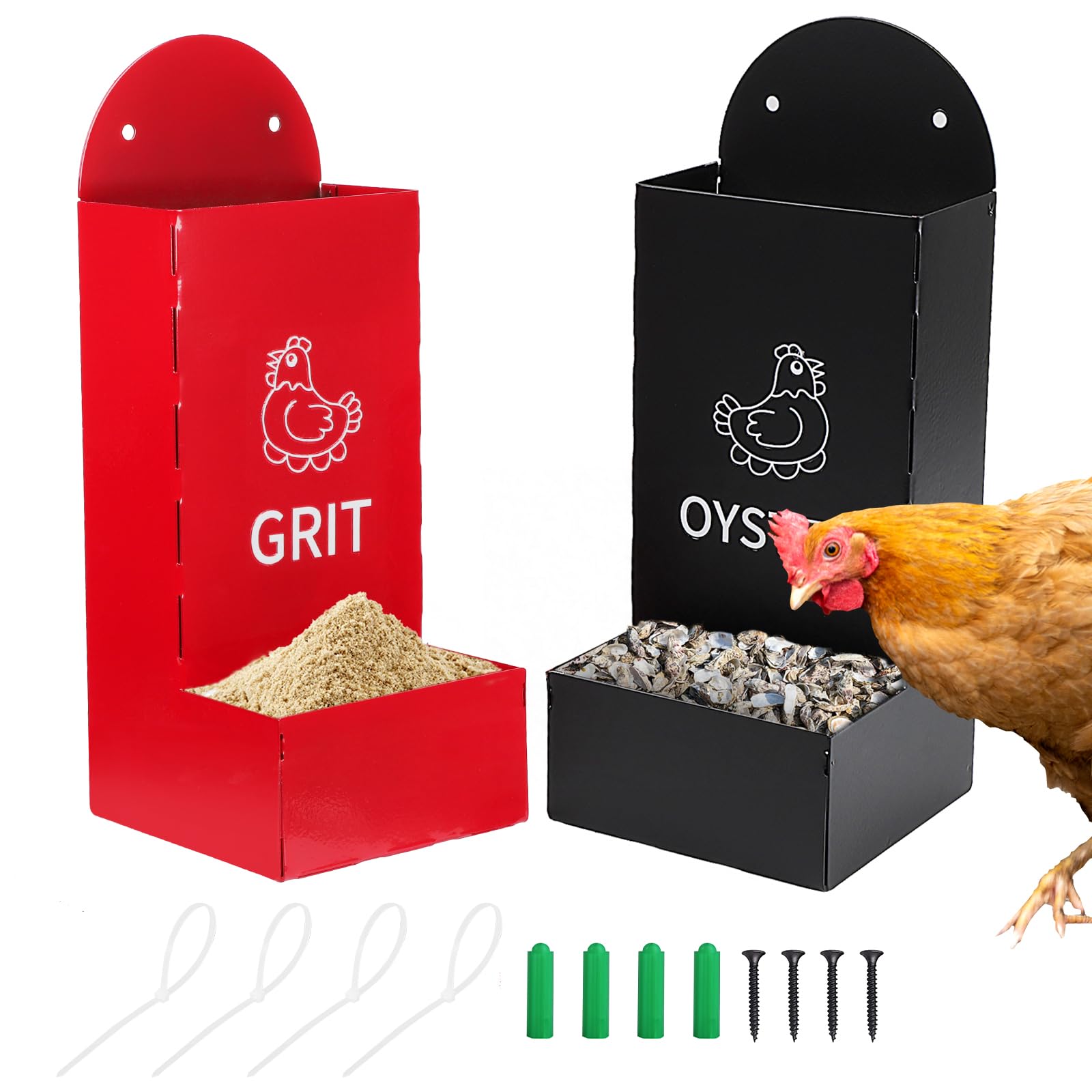 BigKing Trogolo – 2 dispensadores de grava para aves de corral, rojo + negro, 1,3 l/unidades, de metal, alimentador automático para gallinas, comedero para interiores y exteriores