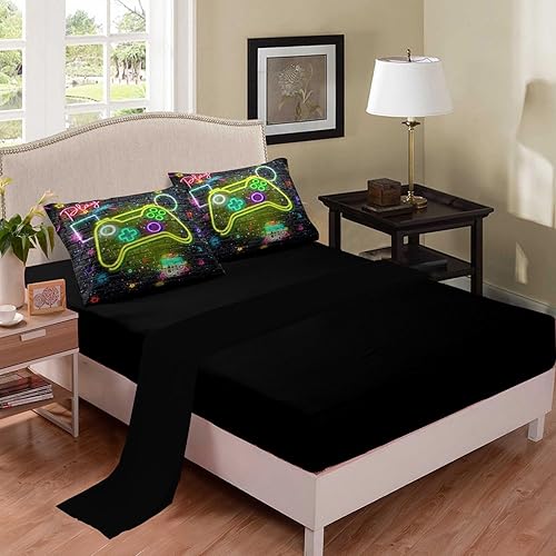 Miniatura 7 de NINENINE Juego de ropa de cama con estampado de videojuegos para niños, 5 piezas, tamaño Queen, cama de video de control de videojuegos en una