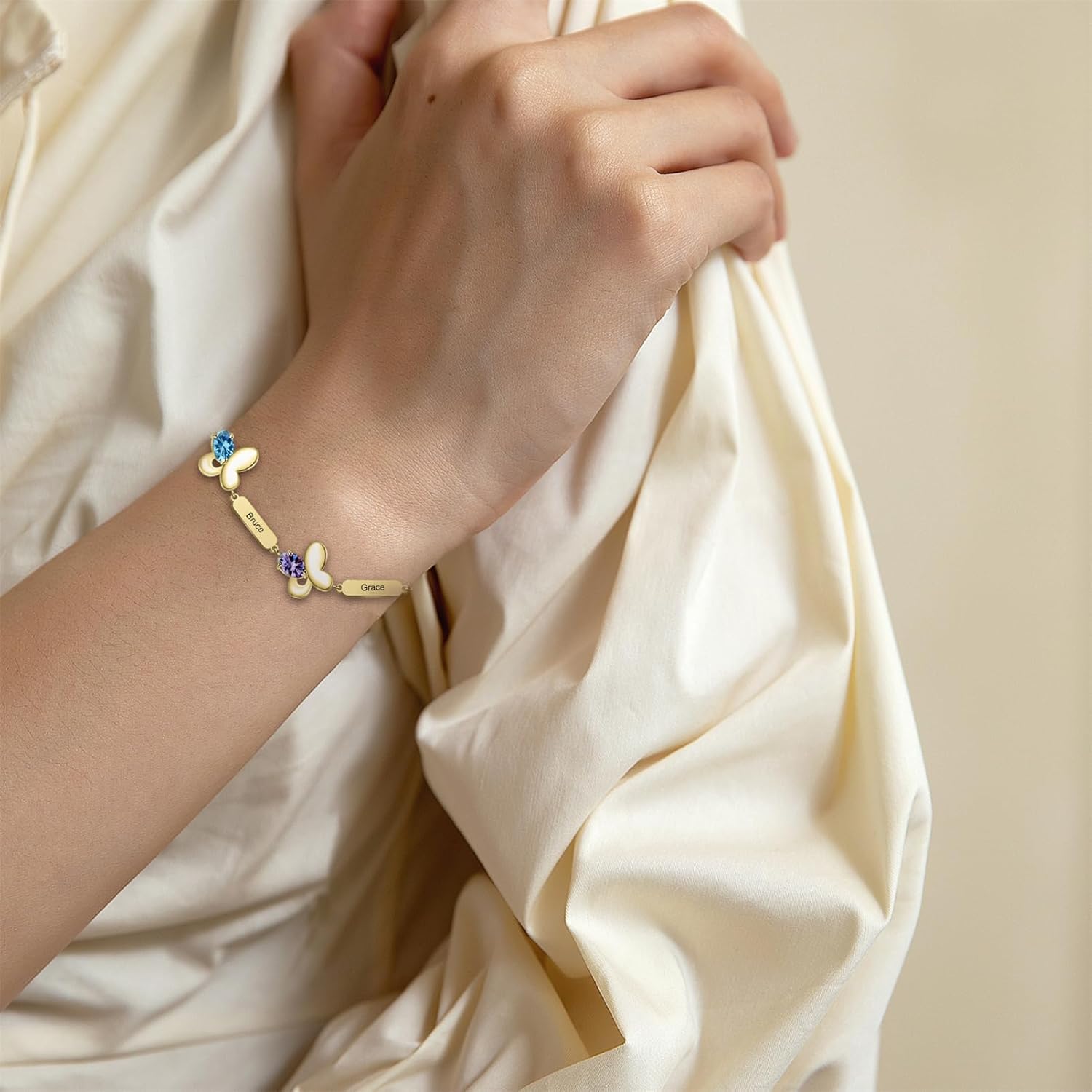 BAUMA AUTO Personalized Butterfly Mothers Bracelets Custom Name Bracelet for Women with 1/2/3/4/5/6 Birthstones Anniversary Mother's Day Birthday for Mother Sister Grandma