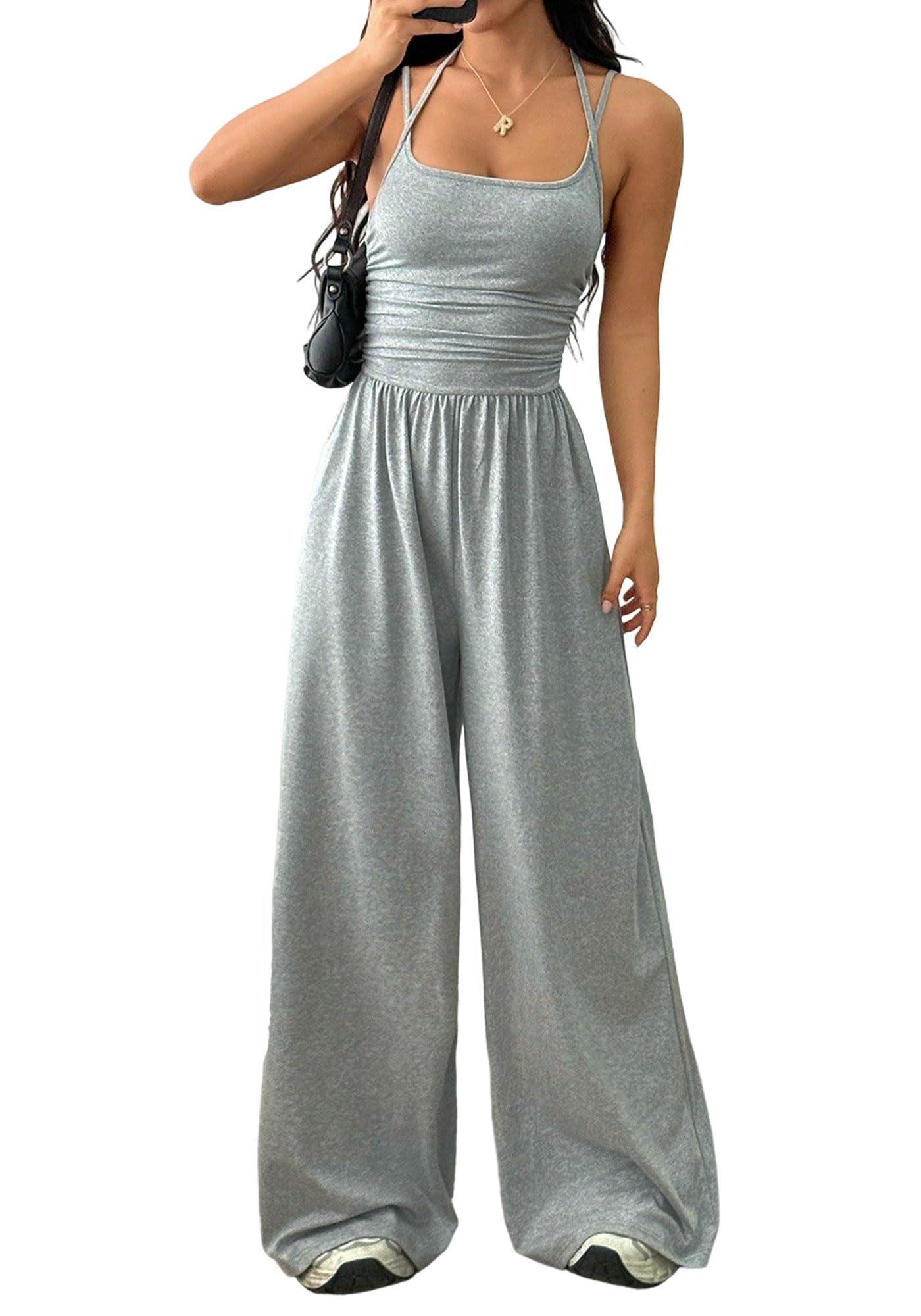 Damen Jumpsuit One Piece Outfit mit weitem Bein, Rückenfrei, Ärmellos, Spaghettiträger für Sommer, Urlaub, Freizeit Date