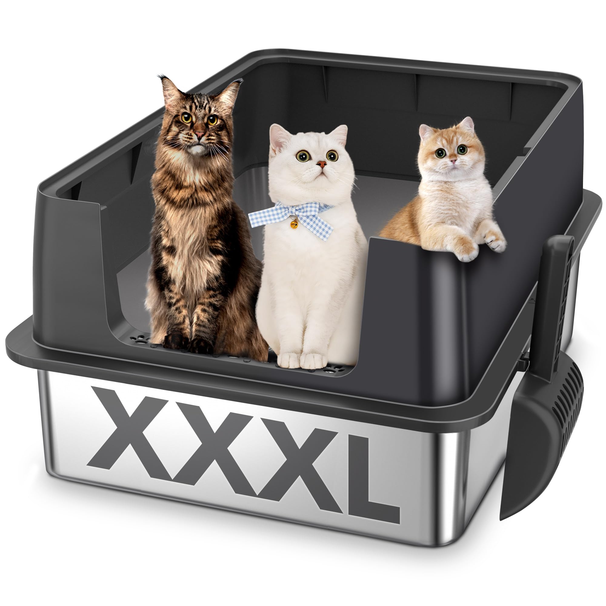 XXXL Lettiera per gatti in acciaio inox, bordo alto, 70 × 50 × 30 cm, inodore, nessuna perdita di urina, antiaderente, facile da pulire, in acciaio inox per gatti di grandi dimensioni, più gatti nero