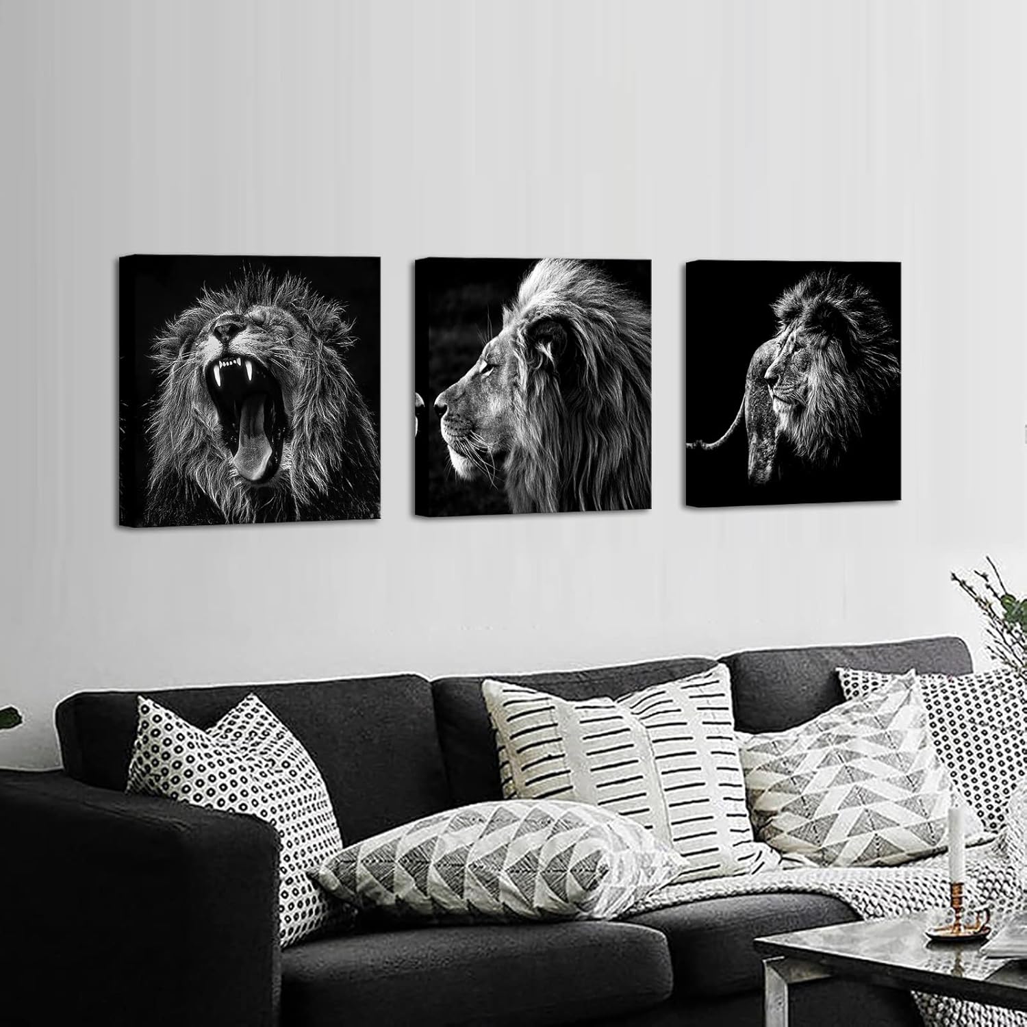 KREATIVE ARTS - 3 Panels Lion King Black and White Canvas Prints Wall Art Modern Painting Wall Pictures for Living Room Office Decoration Ready to Hang (12x12inchx3pcs/set)