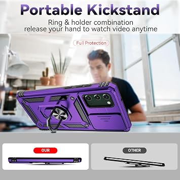 Note 20 Case with Slide Camera Cover & HD Screen Protector, Heavy Duty Shockproof Protective Case with Rotated Ring Kickstand for Galaxy Note 20,Purple