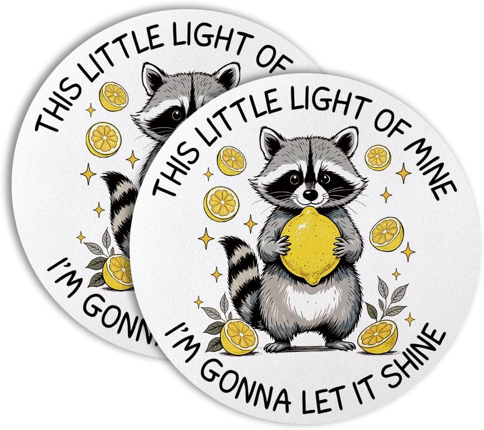 This Little Light of Mine I’m Gonna Let It Shine Drink Cup Holder Coaster Set of 2, Funny Raccoon Coffee Cup Mats for Office Desk Decor, Inspirational Raccoon Lover Gifts for Women Men Coworkers
