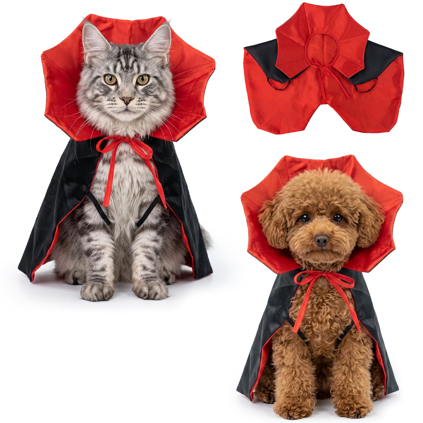 QEEYON Halloween Pet Vampire Cape, Adjustable Red & Black Fancy Dress, S