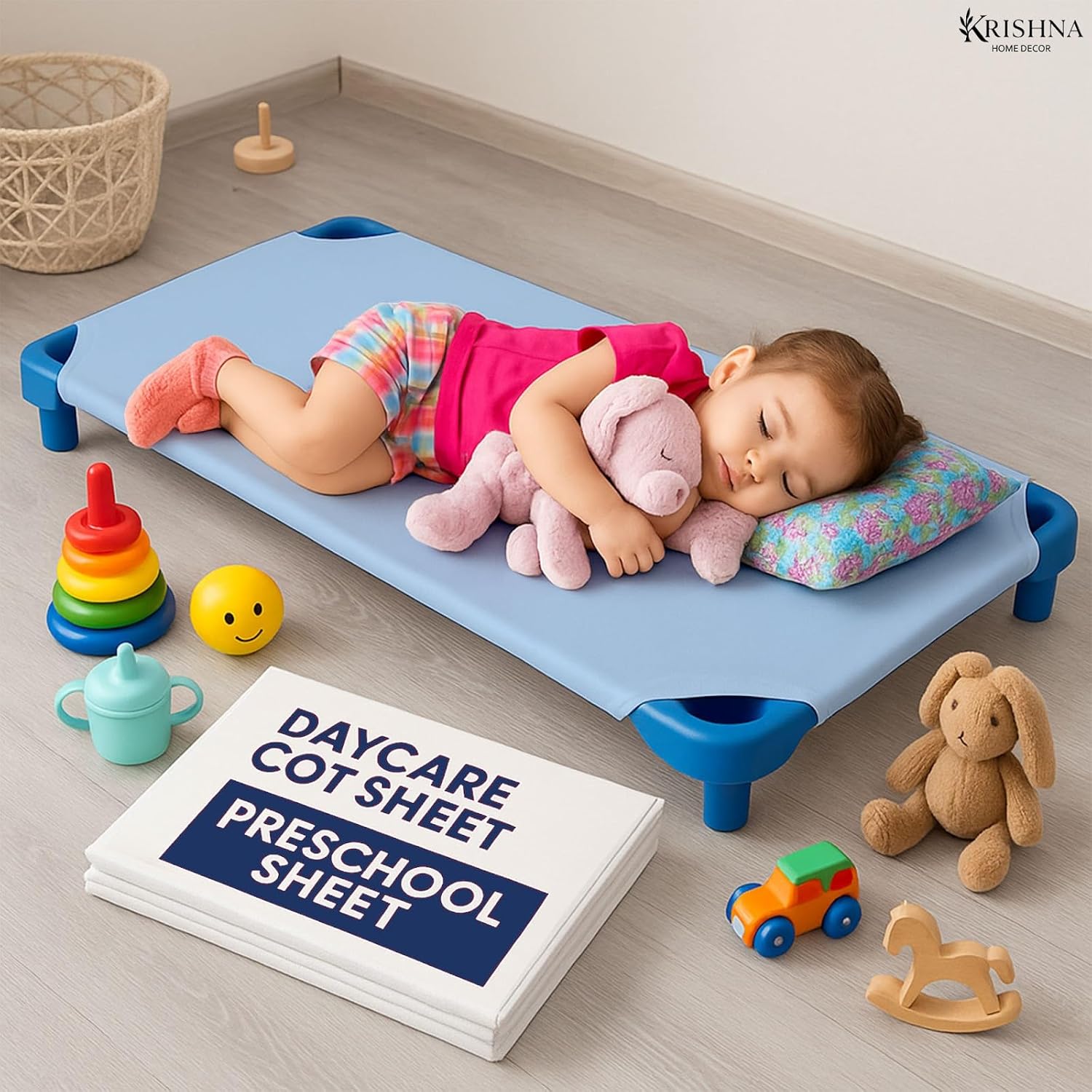 KRISHNA Daycare Cot Sheets for Toddler and Preschool with Corner Elastic Loops, Soft & Comfortable Brushed Microfiber Crib Sheet Kids Naptime, 22" x 40", Pack of 6, Light Blue