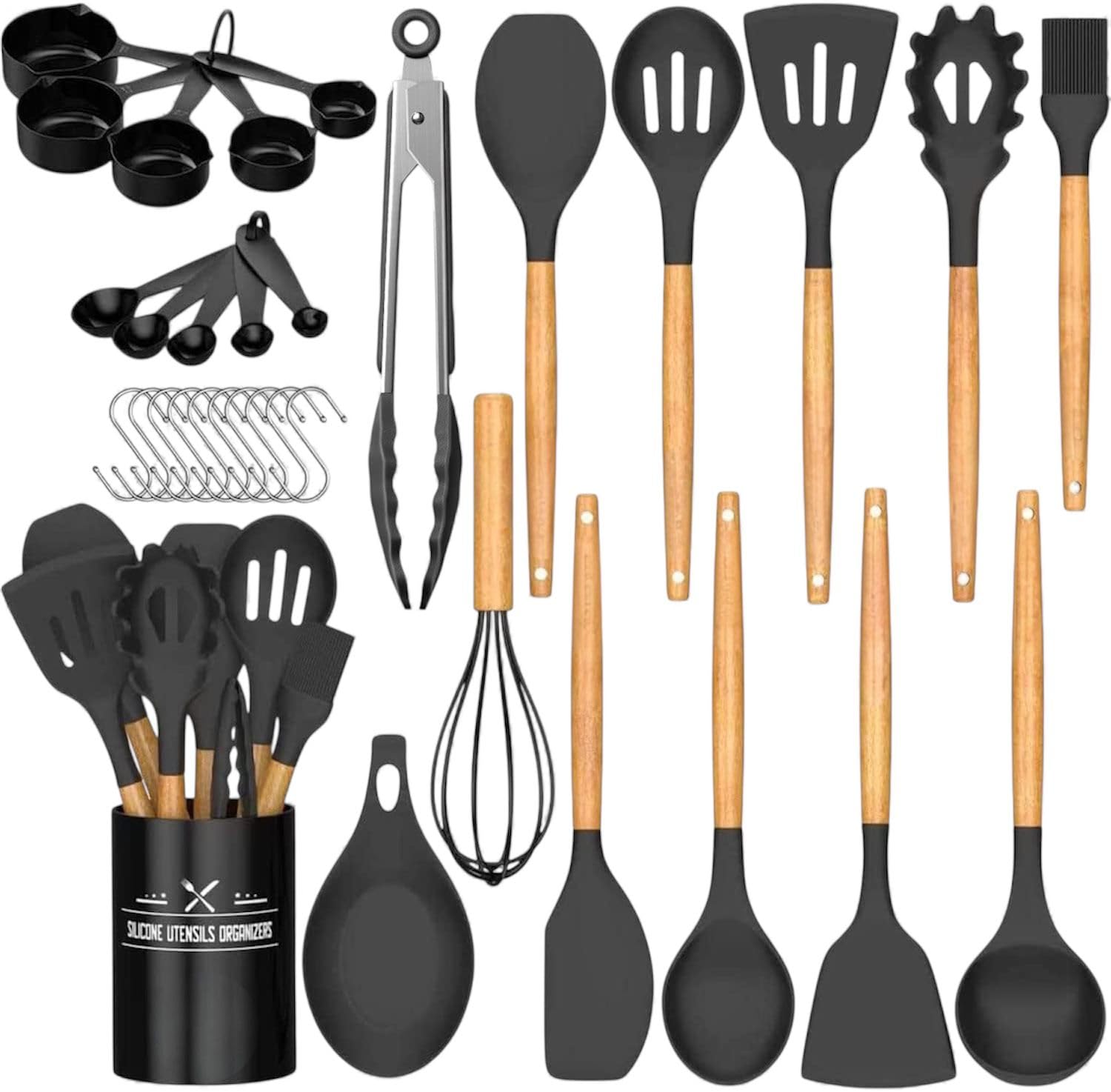 AHASON'S Extra dickes Silikon-Kochutensilien-Set, 230 °C - 230 °C, hitzebeständig, BPA-frei, Zange, Löffel, Spatel, Bürste, Schneebesen mit Halter, Küchenhelfer, antihaftbeschichtet, Kobra-Schwarz