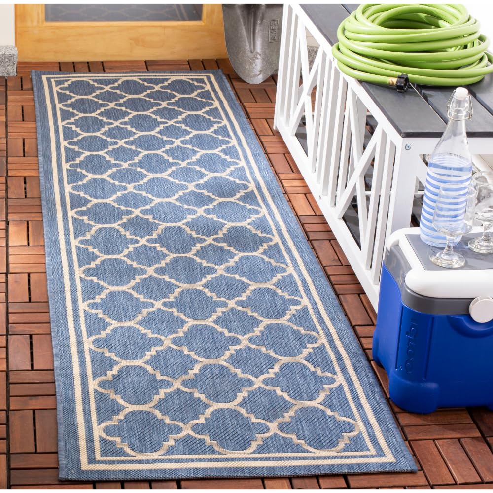 SAFAVIEH Washable Rug Outdoor Courtyard Collection - 2'3" x 18' Runner, Blue & Beige, Non-Shedding & Easy Cleaning, Ideal for Patio, Entryway, Mudroom
