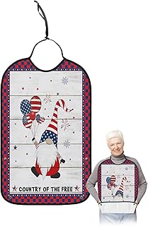 QueenKer Funny Adult Bibs for Eating, Country of The Free Gnome Rustic Wood Grain Plaid Waterproof Clothing Protector Washable Adult Bib with Crumb Catcher for Men Women Elderl and Seniors