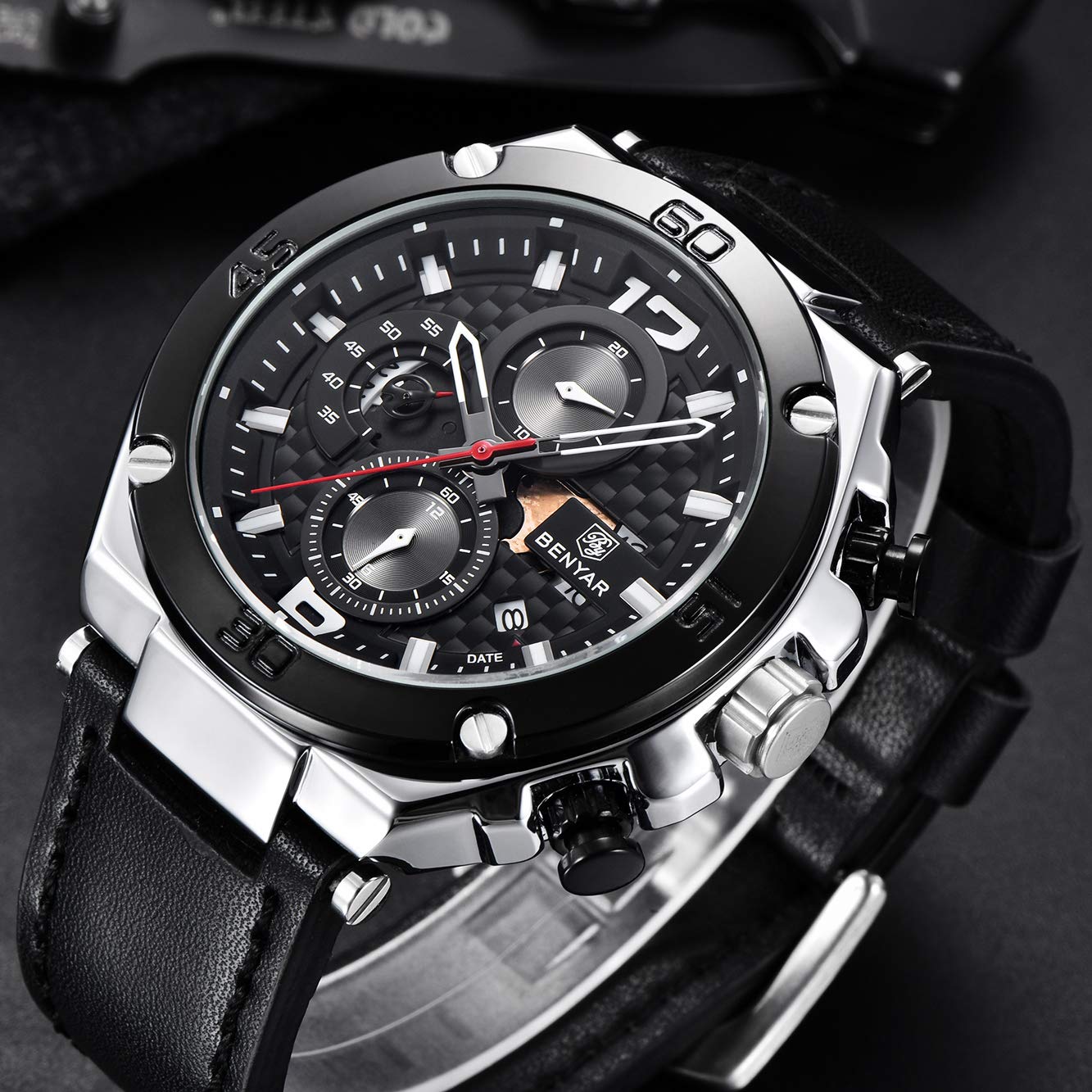Benyar reloj de pulsera para hombre, cuarzo, cronógrafo, fecha, 3 ATM, resistente al agua, diseño deportivo, correa de cuero, Negro 4