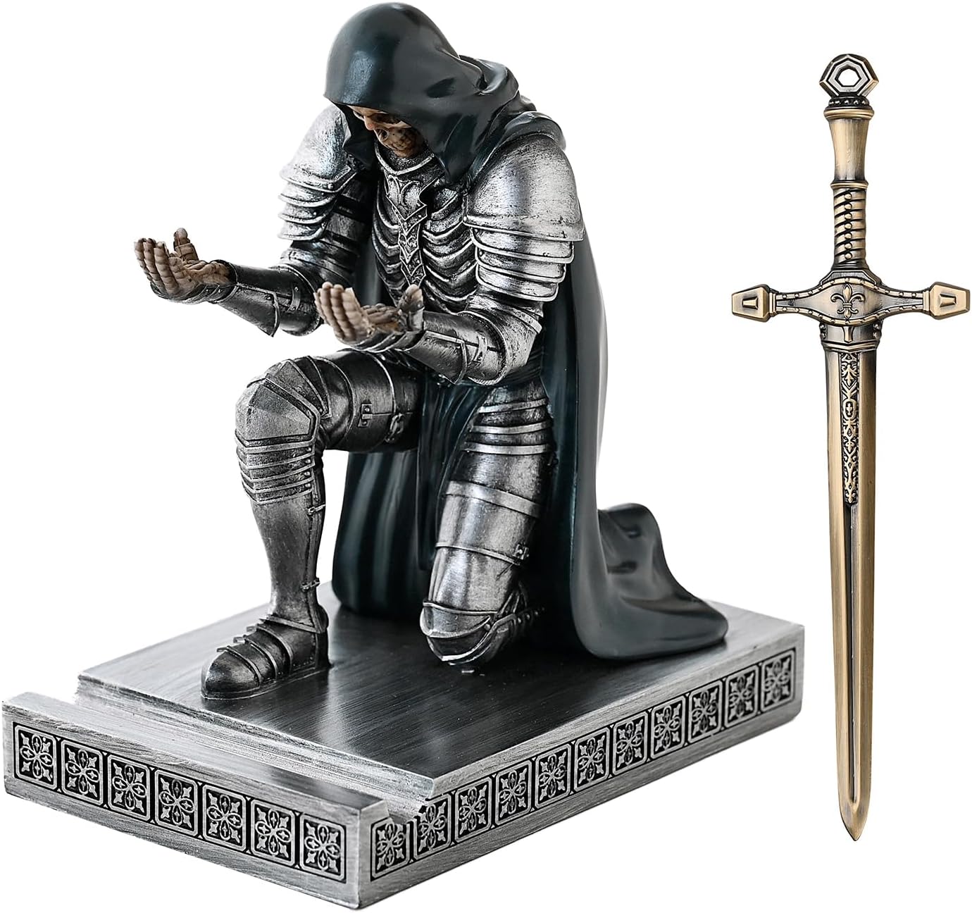 Skull Armor Warrior Pen Holder Mobile Phone Stand with Cloak, Resin Pen Stand Paperweight Ornament Statue for Office and Home (Iron&Green)