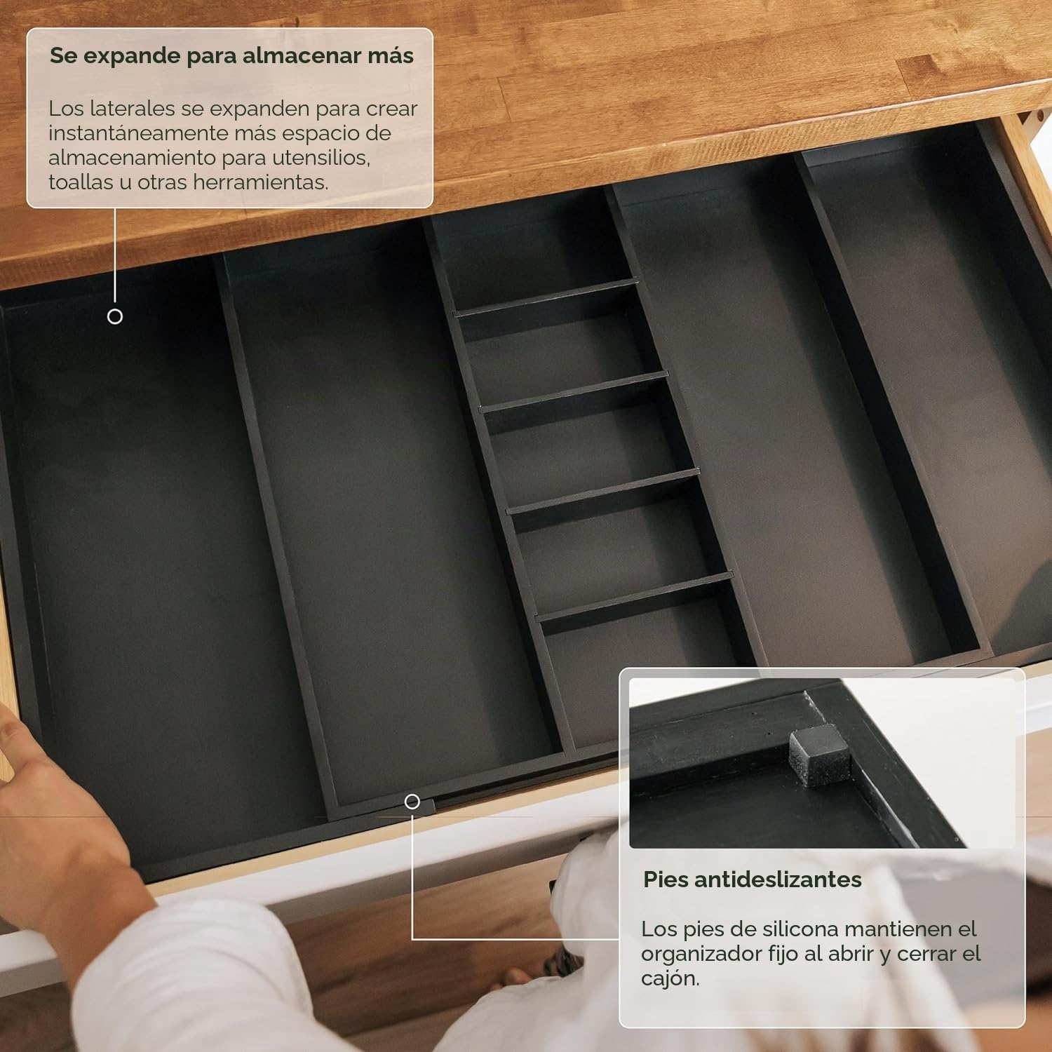 KitchenEdge Organizador de cajones de cocina ajustable para utensilios y basura, expandible de 19 a 33 pulgadas de ancho, 9 compartimentos, acabado negro de grado contrato seguro para alimentos