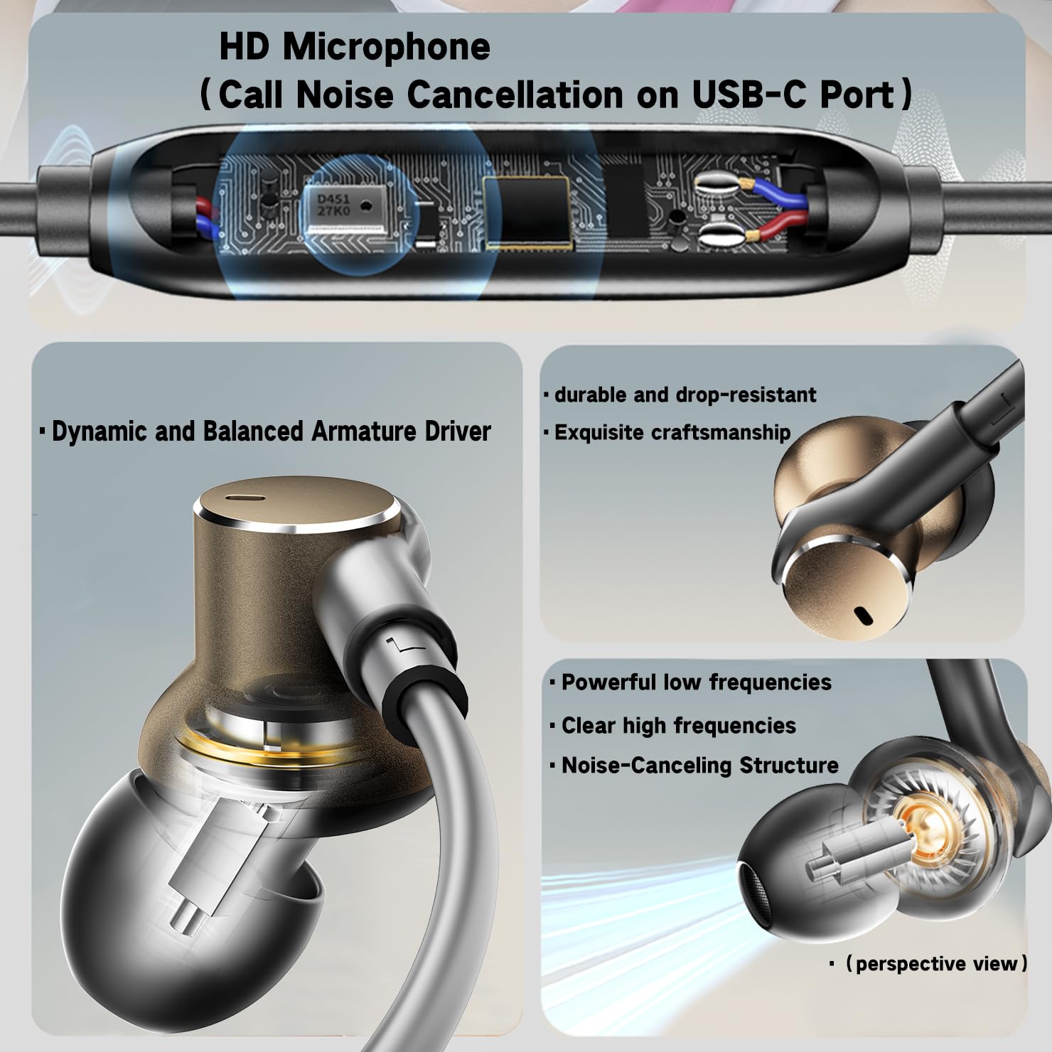 Écouteurs filaires riches avec suppression du bruit et appels téléphoniques (1DD + 1BA) - Écouteurs intra-auriculaires à double pilote - Amplification des basses profondes immersives - Écouteurs